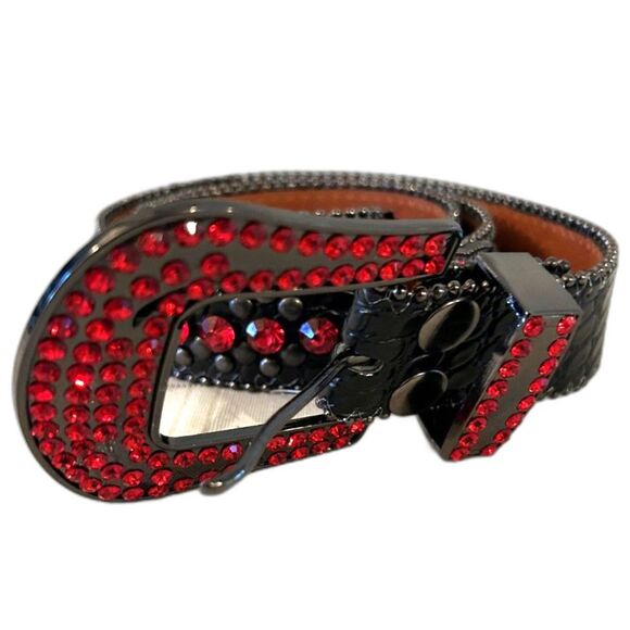 Black and Red Leather Crystal Cross Western Belt - Size M/L - New - Picture 2 of 7